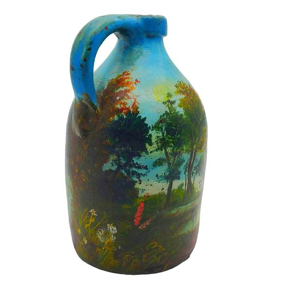 Antique Hand Painted Ceramic Jug Folk Art Landscape Pitcher Stoneware Primitive - Picture 2 of 10